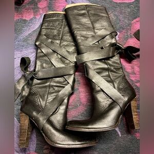 Steve Madden Black Leather Knee High Heeled Boots with Ribbon Detail